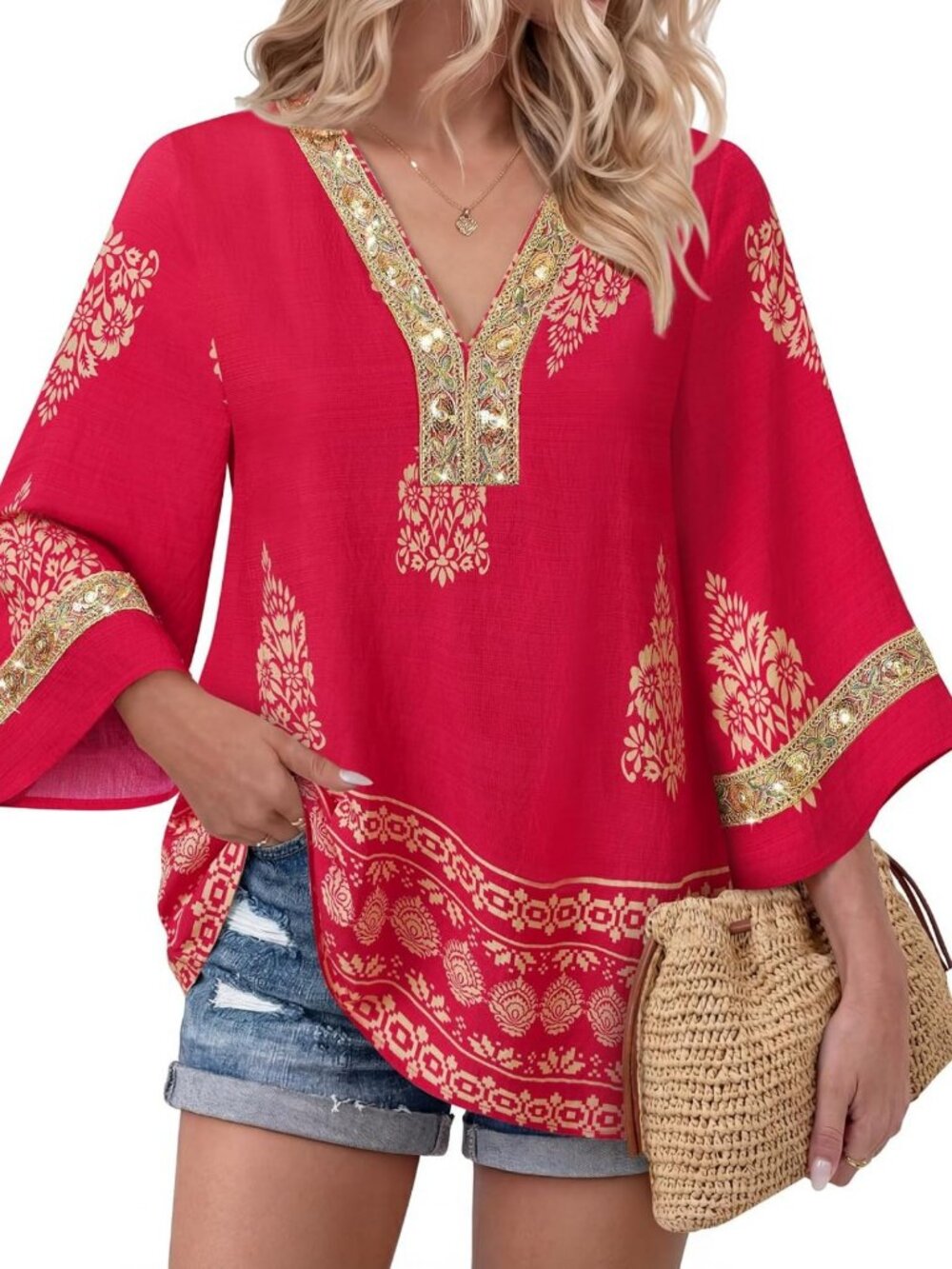 Embroidered V Neck Boho Blouse | 3/4 Sleeve Dressy Casual Tunic Top for Women
